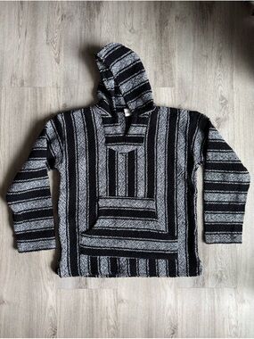 Black & White Striped Beachy Mexican Blanket Baja Surfer Rasta Poncho Hoodie S-M